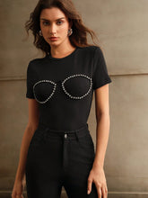 Elegant Minimalist Women's Black T-Shirt With Rhinestone Embellishment